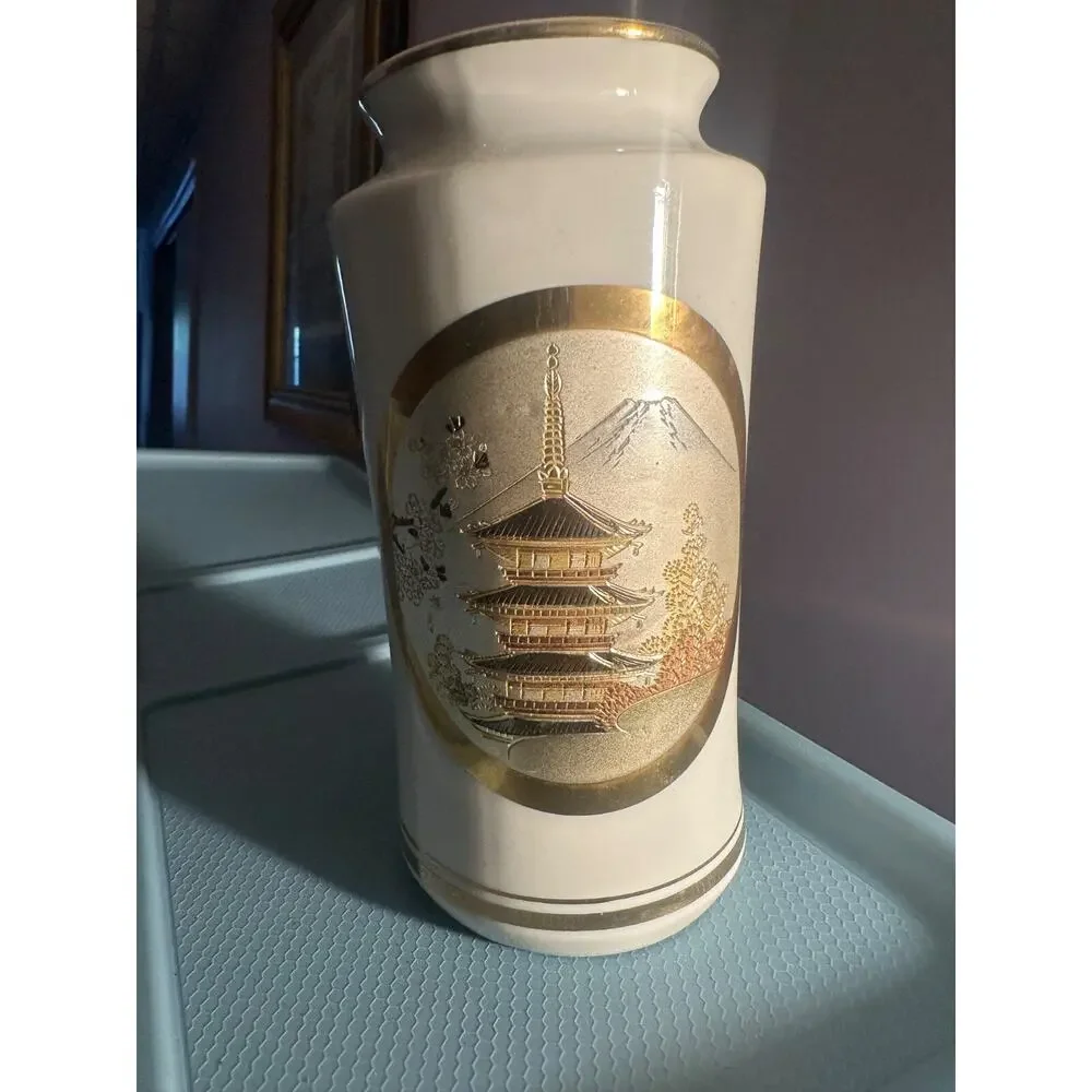 Vintage Japanese Porcelain Cylinder Vase Gold‑Trim Pagoda Scene